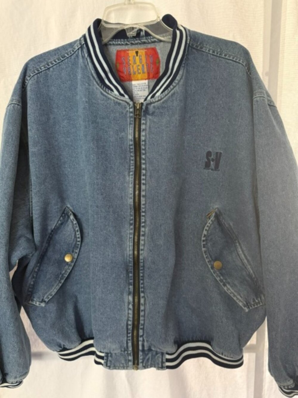 Vintage SERGIO VALENTE DENIM BOMBER varsity Jacket. Size large. Mens